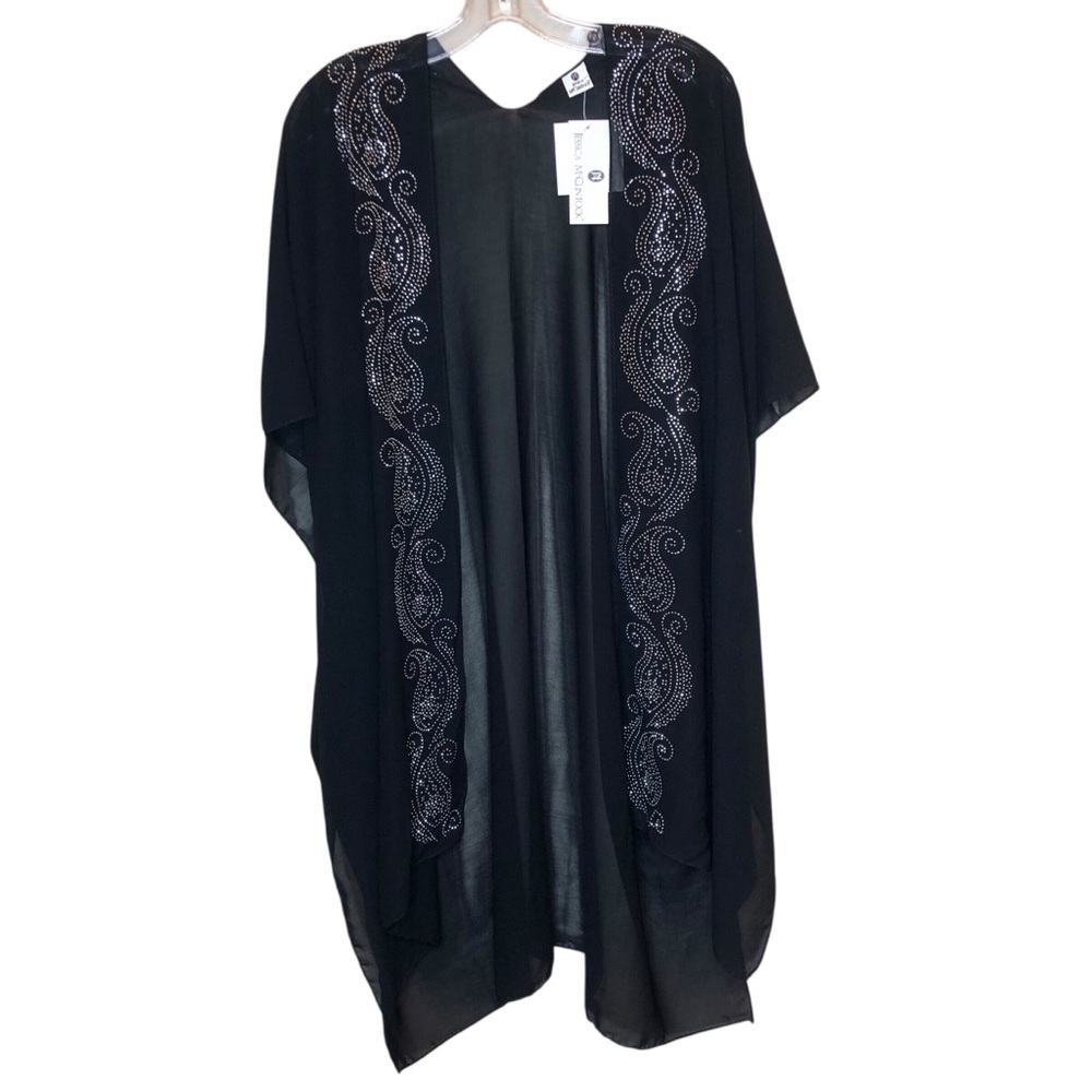 NEW Jessica McClintock Black Kimono Large Semi-Sheer Open Studded Elegant NWT